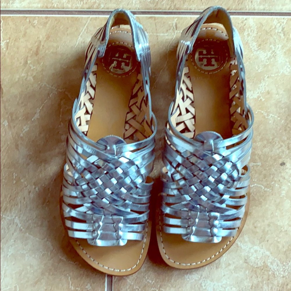 Tory Burch silver peep toe strappy flats/sandals